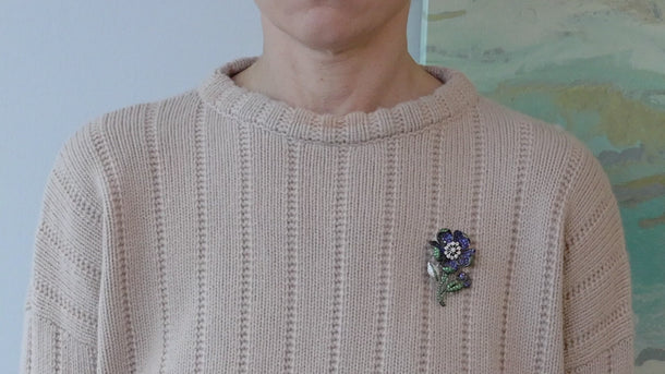 Sapphire, Tsavorite, and Diamond Flower Brooch – 18k Blackened Gold