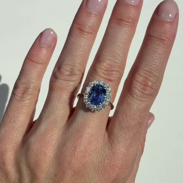 Ceylon No-Heat Blue Sapphire and Diamond Halo Ring in 18 Karat White Gold