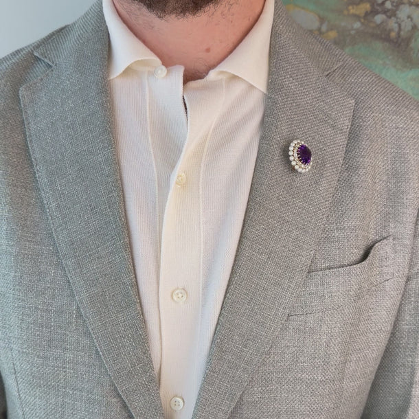 TB Starr Amethyst, Old European Cut Diamond, and Natural Pearl Brooch